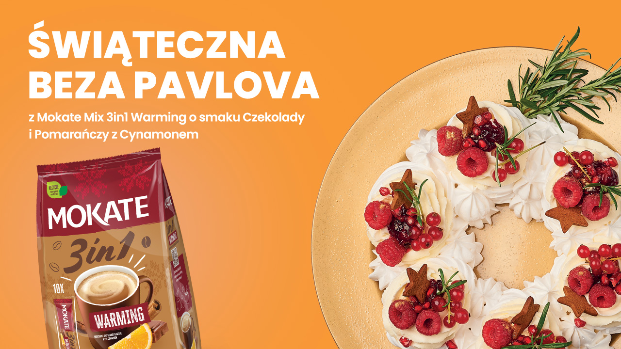 Świąteczna Beza Pavlova z Mokate Mix 3in1 Warming o smaku Czekolady i Pomarańczy z Cynamonem