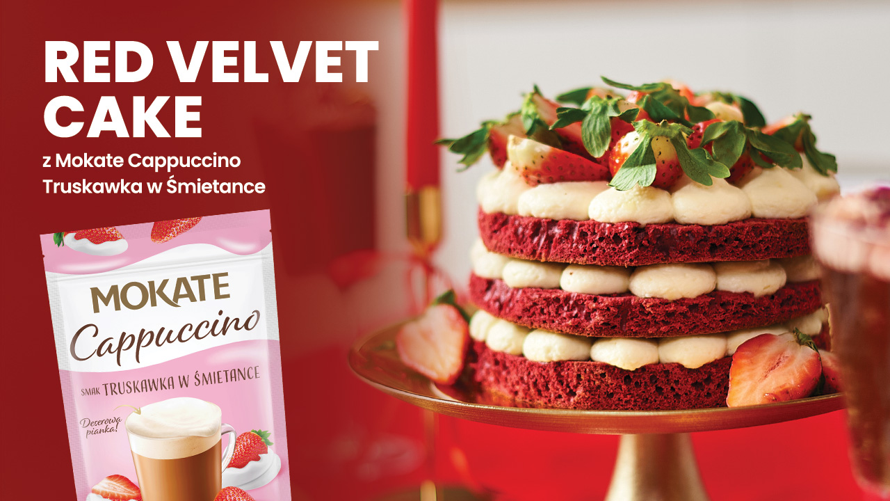 Red velvet cake z Mokate Cappuccino Truskawka w Śmietance