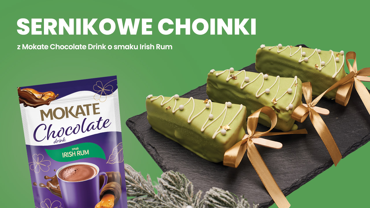 Sernikowe choinki na patyczku z Mokate Chocolate Drink o smaku Irish Rum